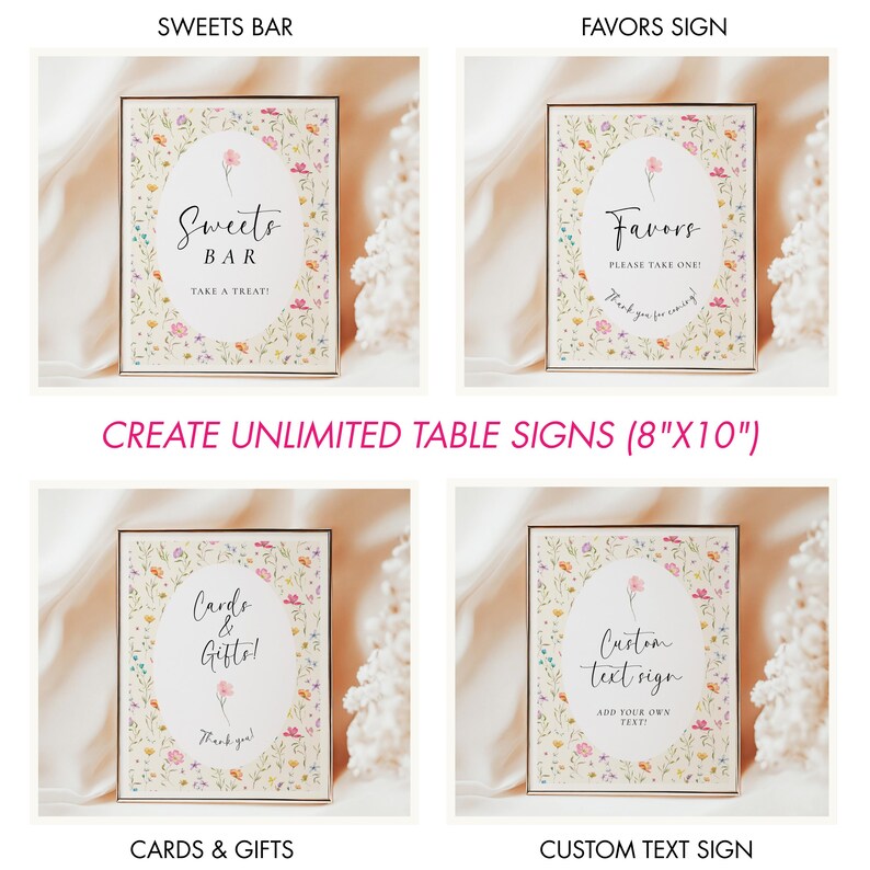 May include: Four framed signs with floral borders and text. The signs read "Sweets Bar," "Favors," "Cards & Gifts," and "Custom Text Sign." Each sign is 8" x 10" and features an oval design in the center with the text. The signs are for a wedding or event.