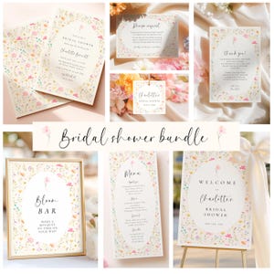 May include: A bridal shower bundle featuring invitations, a menu, a welcome sign, and other stationery. The items have a floral design with a soft color palette of pink, yellow, and green. The text "Bridal shower bundle" is displayed in a cursive font.
