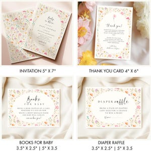 May include: A set of baby shower stationery featuring floral designs. Includes an invitation (5" x 7"), a thank you card (4" x 6"), a "Books for Baby" card (3.5" x 2.5"), and a "Diaper Raffle" card (3.5" x 2.5"). Each card has a floral border.