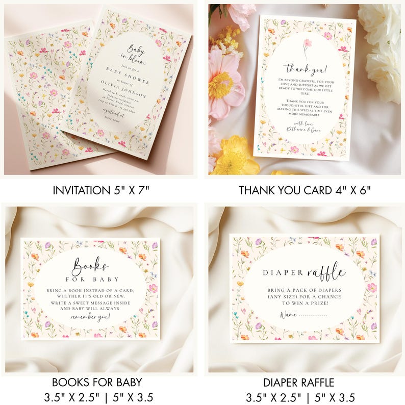 May include: A set of baby shower stationery featuring floral designs. Includes an invitation (5" x 7"), a thank you card (4" x 6"), a "Books for Baby" card (3.5" x 2.5"), and a "Diaper Raffle" card (3.5" x 2.5"). Each card has a floral border.