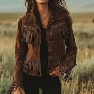 Giacca da donna in pelle scamosciata marrone con frange, cappotto in pelle boho da cowgirl western, giacca vintage da festival rodeo.