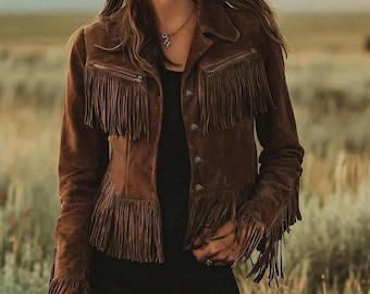 Women’s Brown Suede Fringe Jacket – Western Cowgirl Boho Leather Coat, Vintage Rodeo Festival Jacket.