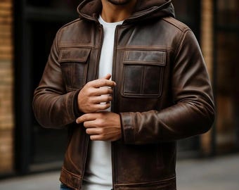 Men's Distressed Brown Leather Hoodie Jacket, Casual Biker Outerwear