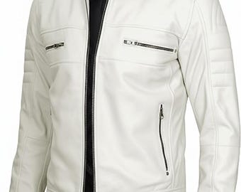 Vit quiltad läderbikerjacka, modern bomberstil