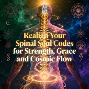 May include: Digital art featuring a human figure with a glowing spine and a crystal at the top. The text reads "Realign Your Spinal Soul Codes for Strength, Grace and Cosmic Flow" against a cosmic background with celestial symbols.