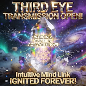 Può includere: Immagine di arte digitale con un grande cristallo trasparente al centro, che irradia luce arcobaleno. Il testo "THIRD EYE TRANSMISSION OPEN!" e "Intuitive Mind Link IGNITED FOREVER!" sono visualizzati in oro. L'immagine include anche il testo "WARNING: Telepathy ACTIVATES NOW!"