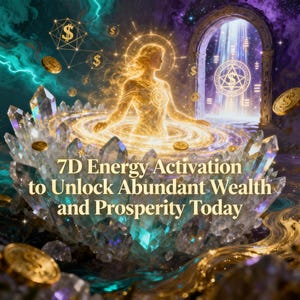 Op de afbeelding: Digitale illustratie met een gloeiende figuur, kristallen en gouden munten. De tekst "7D Energy Activation to Unlock Abundant Wealth and Prosperity Today" is opgenomen. De achtergrond heeft een mystieke, etherische kwaliteit.