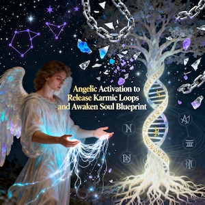 Puede incluir: Ilustración digital artística con un ángel de alas blancas, sosteniendo energía brillante. La imagen incluye una estructura similar al ADN, un árbol, cadenas y el texto "Angelic Activation to Release Karmic Loops and Awaken Soul Blueprint."