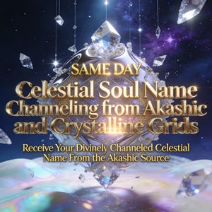 May include: An image with a celestial theme, featuring a diamond-shaped object with the text "SAME DAY Celestial Soul Name Channeling from Akashic and Crystalline Grids." The image also includes the text "Receive Your Divinely Channeled Celestial Name From the Akashic Source."