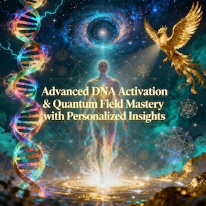 May include: Digital artwork featuring a glowing human figure, a golden phoenix, and a double helix DNA strand. The image has a cosmic background with the text "Advanced DNA Activation & Quantum Field Mastery with Personalized Insights".