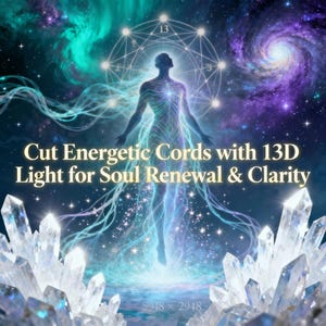 Könnte beinhalten: Digitales Kunstwerk mit einer leuchtenden menschlichen Figur vor einem Hintergrund aus wirbelnden Blau-, Lila- und Grüntönen. Der Text lautet: "Energetische Schnüre mit 13D-Licht für Seelen-Erneuerung & Klarheit schneiden". Kristalle unten.