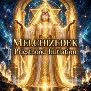 Puede incluir: Una ilustración digital de una figura barbuda con una corona dorada y túnicas blancas y doradas fluidas, sosteniendo llamas en ambas manos. El texto MELCHIZEDEK Priesthood Initiation está centrado. El fondo presenta arcos dorados y cristales.
