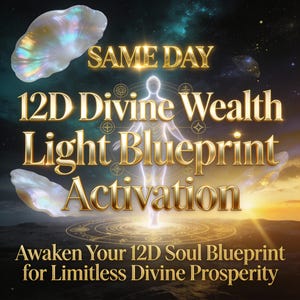 Pode incluir: Gráfico digital com texto dourado que diz "SAME DAY 12D Divine Wealth Light Blueprint Activation". A imagem apresenta uma figura brilhante e formas iridescentes sobre um fundo cósmico. O texto "Awaken Your 12D Soul Blueprint for Limitless Divine Prosperity" está na parte inferior.