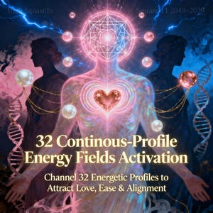 Könnte beinhalten: Ein digitales Kunstwerk mit einer zentralen Figur, einem herzförmigen Kern und leuchtenden Kugeln. Das Bild enthält geometrische Muster und den Text: "32 Continous-Profile Energy Fields Activation" und "Channel 32 Energetic Profiles to Attract Love, Ease & Alignment."