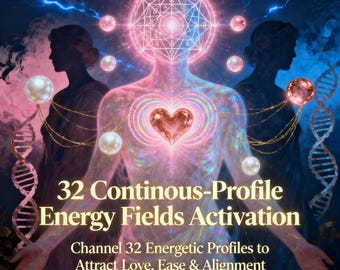 Puede incluir: Ilustración digital artística con una figura central, un núcleo en forma de corazón y orbes brillantes. El texto dice "32 Continous-Profile Energy Fields Activation" y "Channel 32 Energetic Profiles to Attract Love, Ease & Alignment."