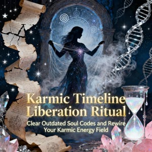 May include: An ethereal image featuring a silhouetted figure in a flowing gown, holding threads against a backdrop of swirling mist and celestial elements. The text reads "Karmic Timeline Liberation Ritual". An hourglass and crystals are also present.