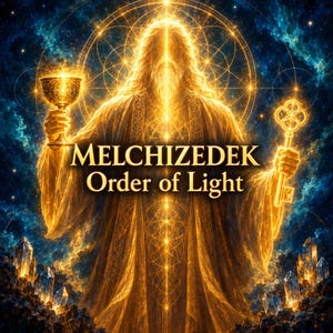 Può includere: Una figura dorata radiosa in vesti si staglia su uno sfondo cosmico blu profondo, tenendo un calice in una mano e una chiave ornata nell'altra. Il testo MELCHIZEDEK Order of Light è centrato. Cristalli luminosi circondano la base della figura.