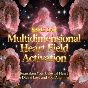Peut inclure: Image à thème céleste avec le texte doré "SAME DAY Multidimensional Heart Field Activation". Une figure avec une aura en forme de cœur est entourée de cristaux roses. Le texte en dessous dit "Reawaken Your Celestial Heart for Divine Love and Soul Alignment."