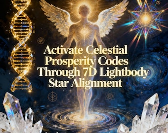 Könnte beinhalten: Digitales Kunstwerk mit einem leuchtenden Engel mit ausgebreiteten Flügeln, umgeben von kosmischen Elementen. Das Bild enthält eine DNA-Doppelhelix, einen Stern und den Text: "Activate Celestial Prosperity Codes Through 7D Lightbody Star Alignment."