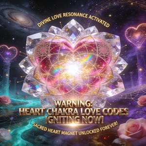 May include: Digital art featuring a large, crystalline heart-shaped flower with a glowing center. The image has a cosmic background with text that reads "DIVINE LOVE RESONANCE ACTIVATED" and "HEART CHAKRA LOVE CODES IGNITING NOW!"