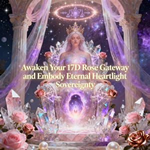 May include: Digital artwork depicting a crowned woman on a throne, encircled by crystals and roses. The image has a celestial theme with a galaxy background and the text "Awaken Your 17D Rose Gateway and Embody Eternal Heartlight Sovereignty".