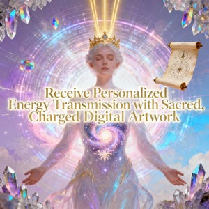 Può includere: Opera d'arte digitale raffigurante una donna con una corona d'oro, circondata da cristalli ed elementi celesti. L'immagine include il testo "Receive Personalized Energy Transmission with Sacred, Charged Digital Artwork."