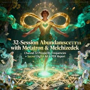 Op de afbeelding: Digitale kunst met een centrale figuur met uitgestrekte armen, omringd door een oneindigheidssymbool en hemelse elementen. De tekst luidt: "32-Session Abundance with Metatron & Melchizedek" en "Channel 32 Prosperity Frequencies + Sacred Digital Art & PDF Report."