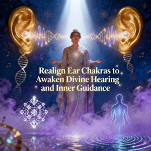 May include: Digital art featuring two golden ears with pearls, connected by sound waves to a woman in a flowing gown. The image includes the text "Realign Ear Chakras to Awaken Divine Hearing and Inner Guidance."
