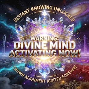 May include: A digital graphic with a bejeweled crown and the text "INSTANT KNOWING UNLOCKED" and "WARNING: DIVINE MIND ACTIVATING NOW!". The background is a cosmic scene with galaxies and stars, and the text "CROWN ALIGNMENT IGNITED FOREVER!"