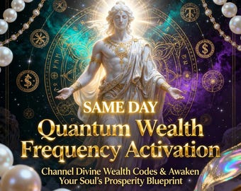 Könnte beinhalten: Digitales Kunstwerk mit einer Statue in Gold und Weiß mit ausgestreckten Armen vor einem kosmischen Hintergrund. Der Text lautet "SAME DAY Quantum Wealth Frequency Activation". Das Bild wird von Perlen und goldenen Akzenten umrahmt.