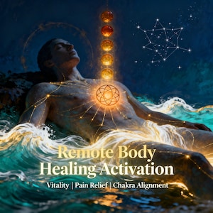 Könnte beinhalten: Eine künstlerische Illustration zeigt eine Person im Wasser, mit leuchtenden Energiepunkten und Kugeln entlang des Körpers. Der Text "Remote Body Healing Activation" und die Schlüsselwörter "Vitalität | Schmerzlinderung | Chakra-Ausrichtung" sind enthalten.
