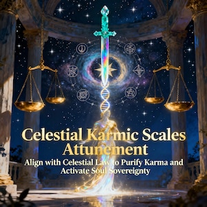 Op de afbeelding: Een digitale illustratie met een hemels thema. Het bevat een gloeiend zwaard, weegschalen en een figuur. De tekst luidt "Celestial Karmic Scales Attunement". De achtergrond is een sterrenhemel met hemelse symbolen.