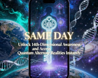 Könnte beinhalten: Ein Smartphone-Bildschirm zeigt eine Schlüsselgrafik mit den Worten "SAME DAY" und Text über das Freischalten von Bewusstsein und den Zugriff auf Realitäten. Der Hintergrund zeigt eine kosmische Szene mit Erde und DNA-Strängen.