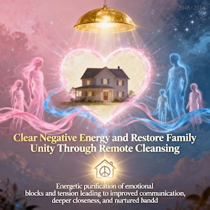 Könnte beinhalten: Eine Illustration mit einem Haus in einer herzförmigen Aura, mit rosa und blauen Figuren. Der Text lautet "Clear Negative Energy and Restore Family Unity Through Remote Cleansing". Ein goldenes Licht scheint von oben.