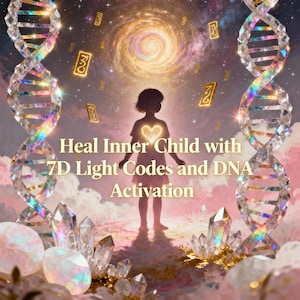 May include: Digital artwork showing a child silhouette with a heart-shaped glow, set against a backdrop of crystals, DNA strands, and a cosmic scene. The text reads "Heal Inner Child with 7D Light Codes and DNA Activation."