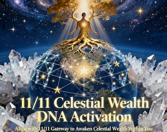 Op de afbeelding: Digitale kunst met een gouden boom en een menselijke figuur op een wereldbol, omringd door een sterrenhemel en kristallen. De tekst "11/11 Celestial Wealth DNA Activation" is zichtbaar.