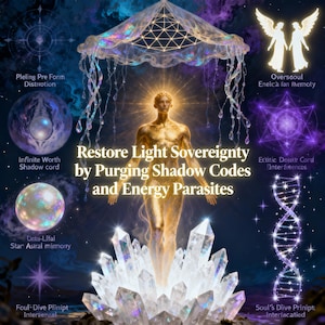 May include: An artistic digital illustration featuring a golden figure standing on crystals, with text that reads "Restore Light Sovereignty by Purging Shadow Codes and Energy Parasites." The image has a celestial and spiritual theme.