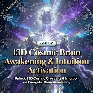 Könnte beinhalten: Digitales Kunstwerk mit einer silberfarbenen menschlichen Figur mit leuchtendem Kern, vor einem kosmischen Hintergrund aus Blau-, Lila- und Weißtönen. Text: "13D Cosmic Brain Awakening & Intuition Activation".