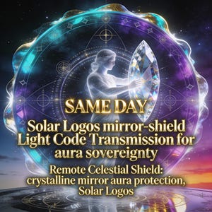 May include: Digital art featuring a celestial figure holding a large, crystalline mirror-shield. The image has a cosmic background with text that reads "SAME DAY" and "Solar Logos mirror-shield Light Code Transmission for aura sovereignty."