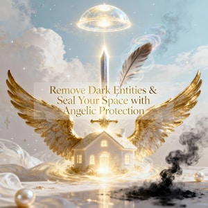 Puede incluir: Imagen etérea con una casa dorada con alas, una espada y una pluma. El texto dice: "Elimina Entidades Oscuras y Sella Tu Espacio con Protección Angélica". La escena se desarrolla contra un cielo nublado con una perla en primer plano.