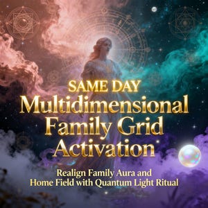 Może przedstawiać: Eteryczny obraz o tematyce kosmicznej. Tekst brzmi "SAME DAY Multidimensional Family Grid Activation" złotymi literami. Kobieta w powłóczystej sukni stoi na tle wirujących kolorów i geometrycznych kształtów. Poniżej tekst "Realign Family Aura and Home Field with Quantum Light Ritual."