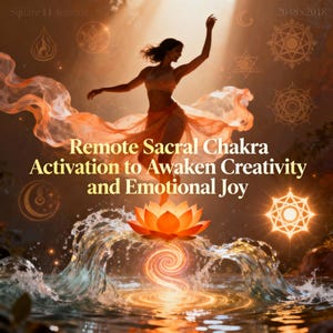 May include: An artistic digital illustration features a woman dancing above a lotus flower, with flowing orange fabric. The image includes the text "Remote Sacral Chakra Activation to Awaken Creativity and Emotional Joy."