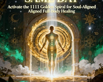 May include: Digital art depicting a glowing human figure within a golden spiral portal. The image features the text "SAME DAY" and "Activate the 1111 Golden Spiral for Soul-Aligned Aligned Full-Body Healing". The background includes celestial and natural elements.