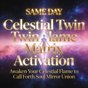 以下が含まれることがあります： 宇宙を背景にしたデジタルグラフィックで、「SAME DAY Celestial Twin Twin Flame Matrix Activation」というテキストが表示されています。画像には人間のシルエットと「Awaken Your Celestial Flame to Call Forth Soul Mirror Union」という言葉が含まれています。
