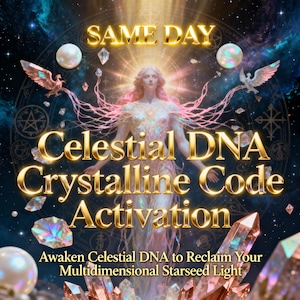 Puede incluir: Ilustración digital de una figura celestial con cabello rosado y un aura brillante. La imagen muestra el texto "Celestial DNA Crystalline Code Activation" en letras doradas, junto con cristales y motivos celestiales. También incluye el texto "Awaken Celestial DNA to Reclaim Your Multidimensional Starseed Light."