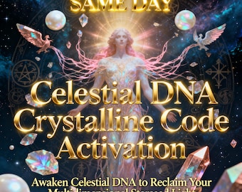May include: Digital art featuring a celestial woman with flowing pink hair and a radiant glow. The image includes the text "Celestial DNA Crystalline Code Activation" in gold lettering, along with crystals and celestial elements. The text "Awaken Celestial DNA to Reclaim Your Multidimensional Starseed Light" is also present.
