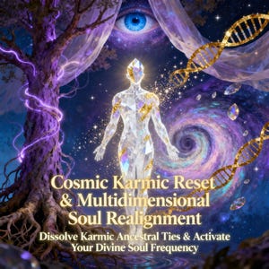 Op de afbeelding: Digitale kunst met een kristallen menselijke figuur met gouden accenten, tegen een kosmische achtergrond met een groot oog, DNA-strengen en een boom. Tekst luidt "Cosmic Karmic Reset & Multidimensional Soul Realignment."