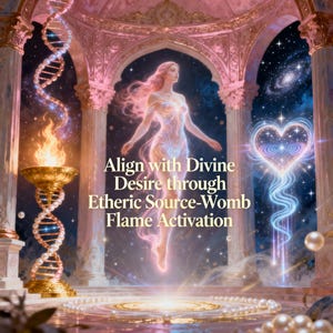 Pode incluir: Imagem etérea com uma mulher de cabelo rosa esvoaçante e uma forma brilhante, rodeada por elementos celestes. O texto diz: "Alinhe-se com o Desejo Divino através da Ativação da Chama do Útero Fonte Etérica."