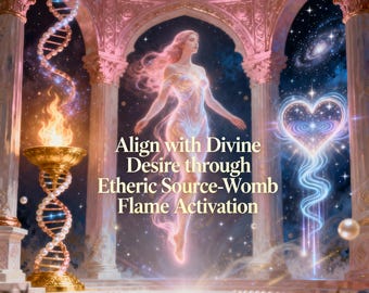 May include: An ethereal image featuring a woman with flowing pink hair and a glowing form, surrounded by celestial elements. The image includes text that reads "Align with Divine Desire through Etheric Source-Womb Flame Activation."