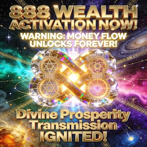 May include: A digital graphic with gold text that reads "888 WEALTH ACTIVATION NOW!" and "WARNING: MONEY FLOW UNLOCKS FOREVER!" A diamond-like shape with gold accents and the words "Divine Prosperity Transmission IGNITED!" is in the center.